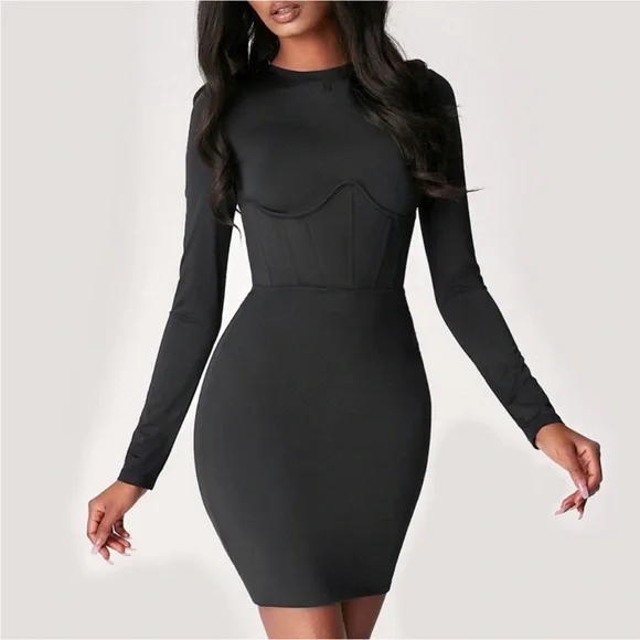 knee length dresses for ladies Annika Black Off Shoulder Long Sleeve Corset Dress With Crystal Trim ( main image 0